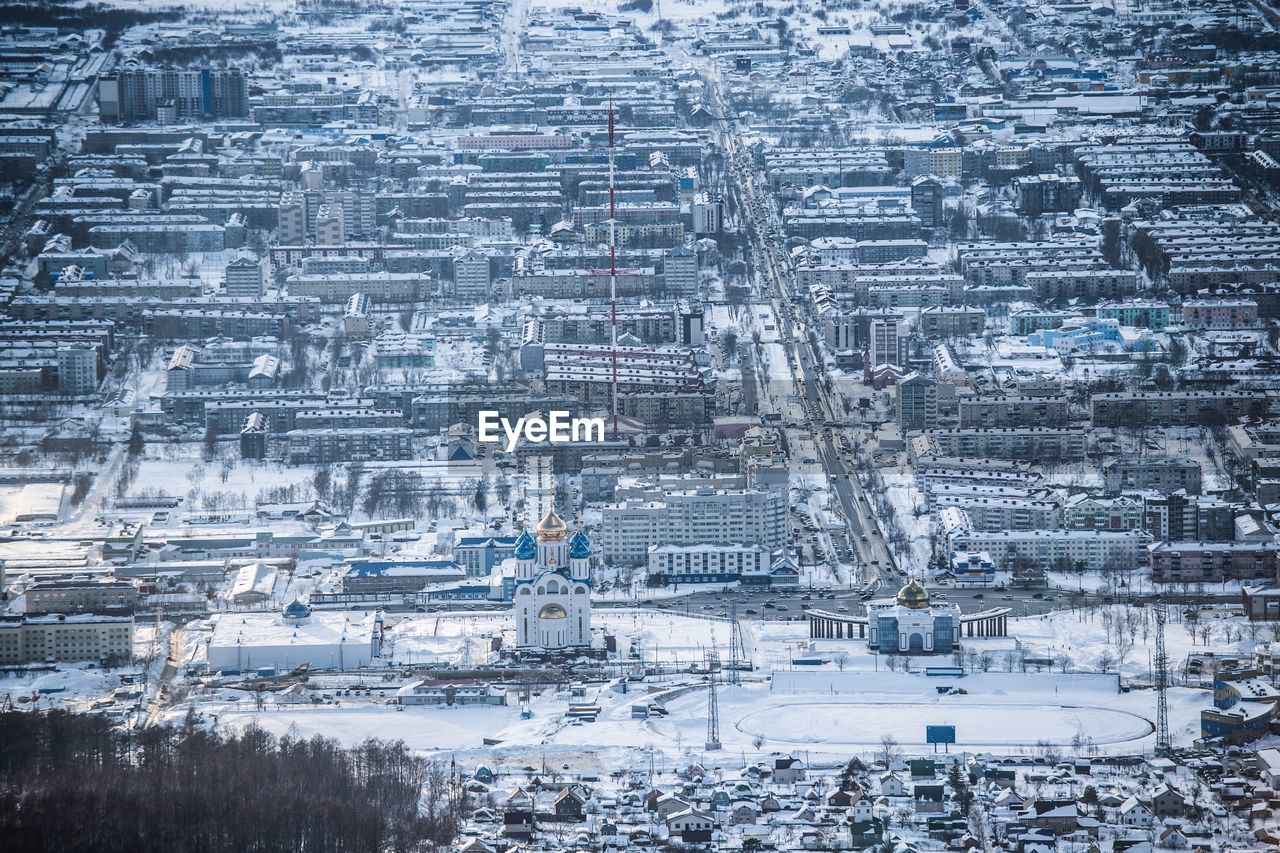 High angle view of buildings in city