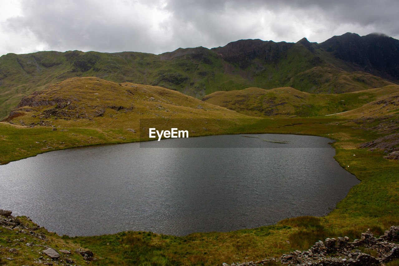 Scenic view of lake by mountains against sky