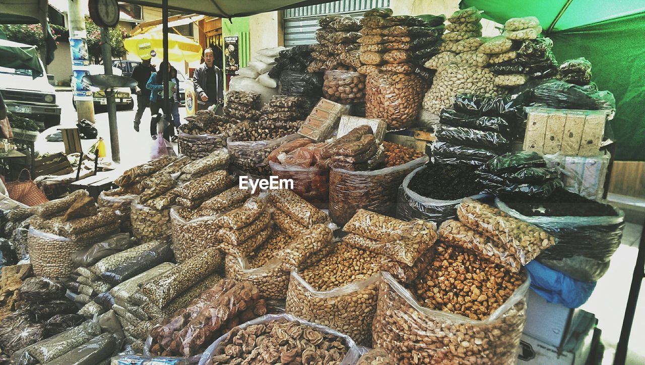 Dry fruits and nuts on market stall