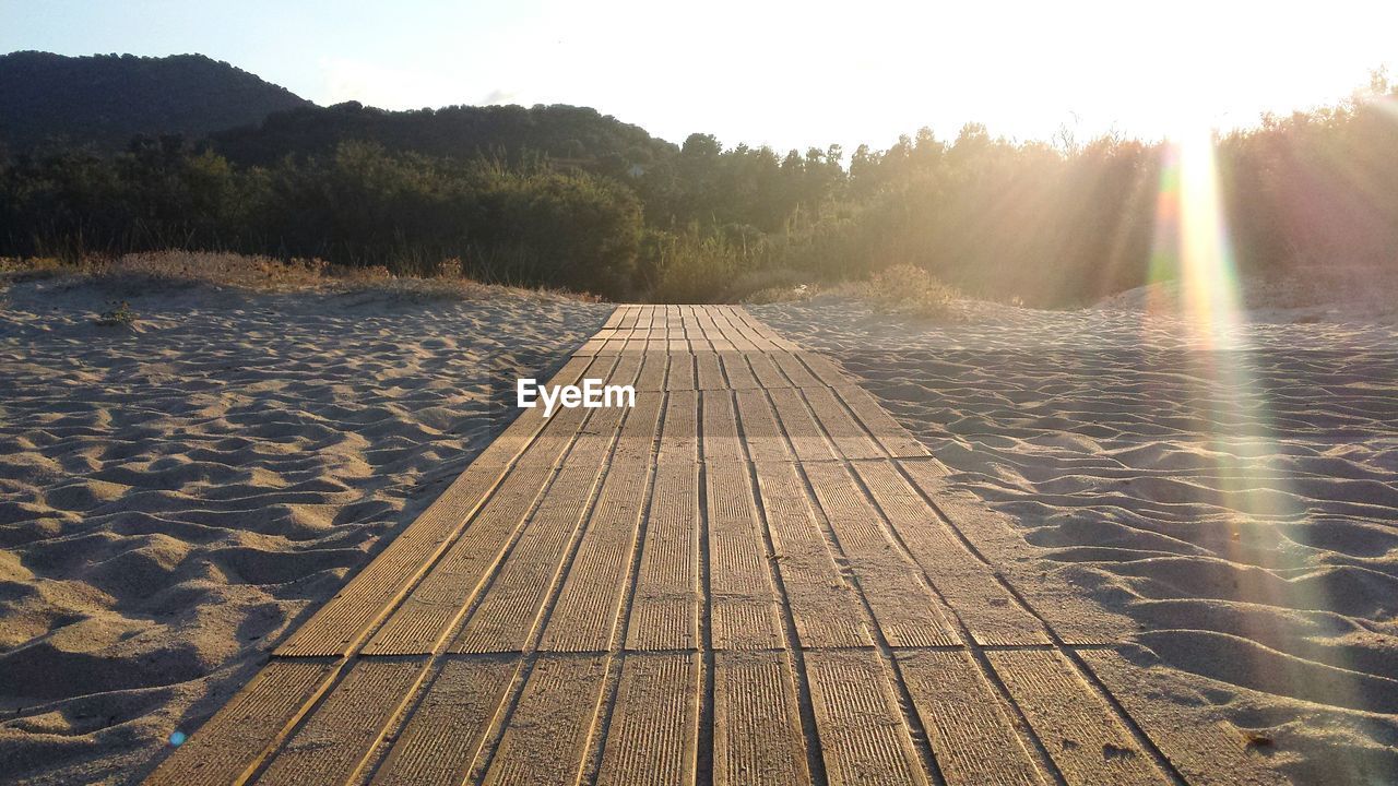 Sunlight falling on textured tire tracks on sand at beach