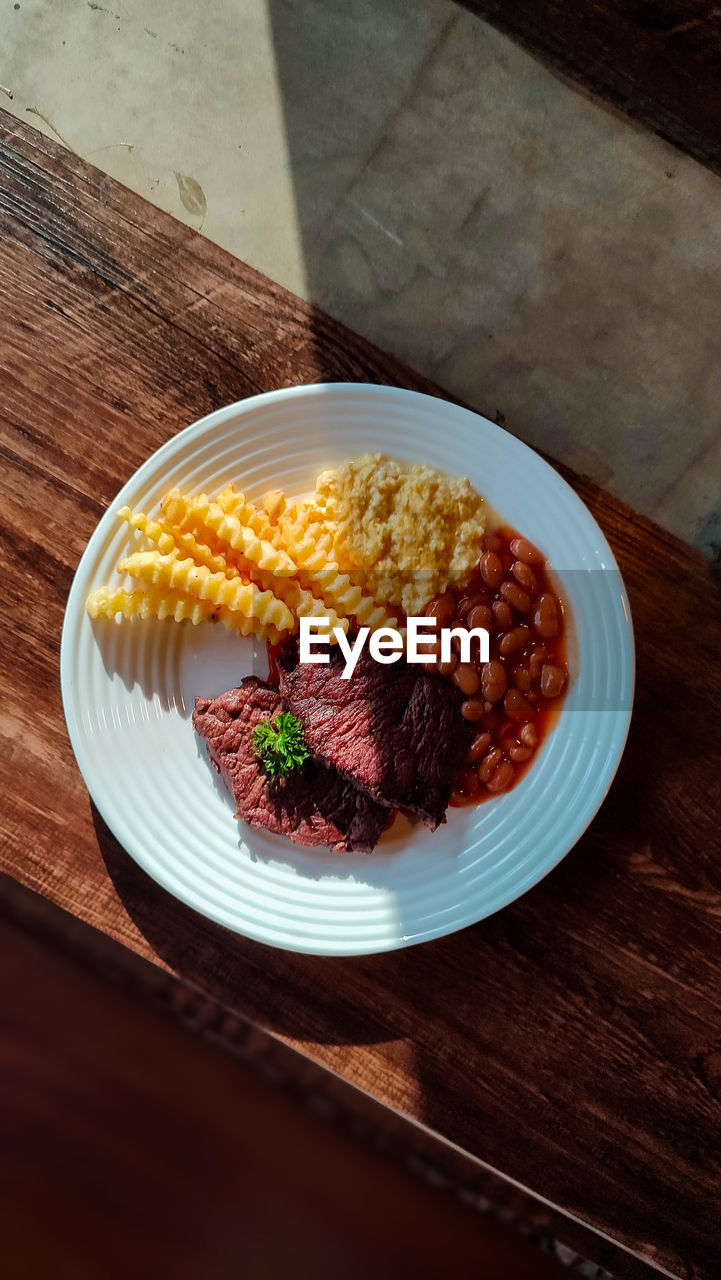 High angle view of food in plate on table