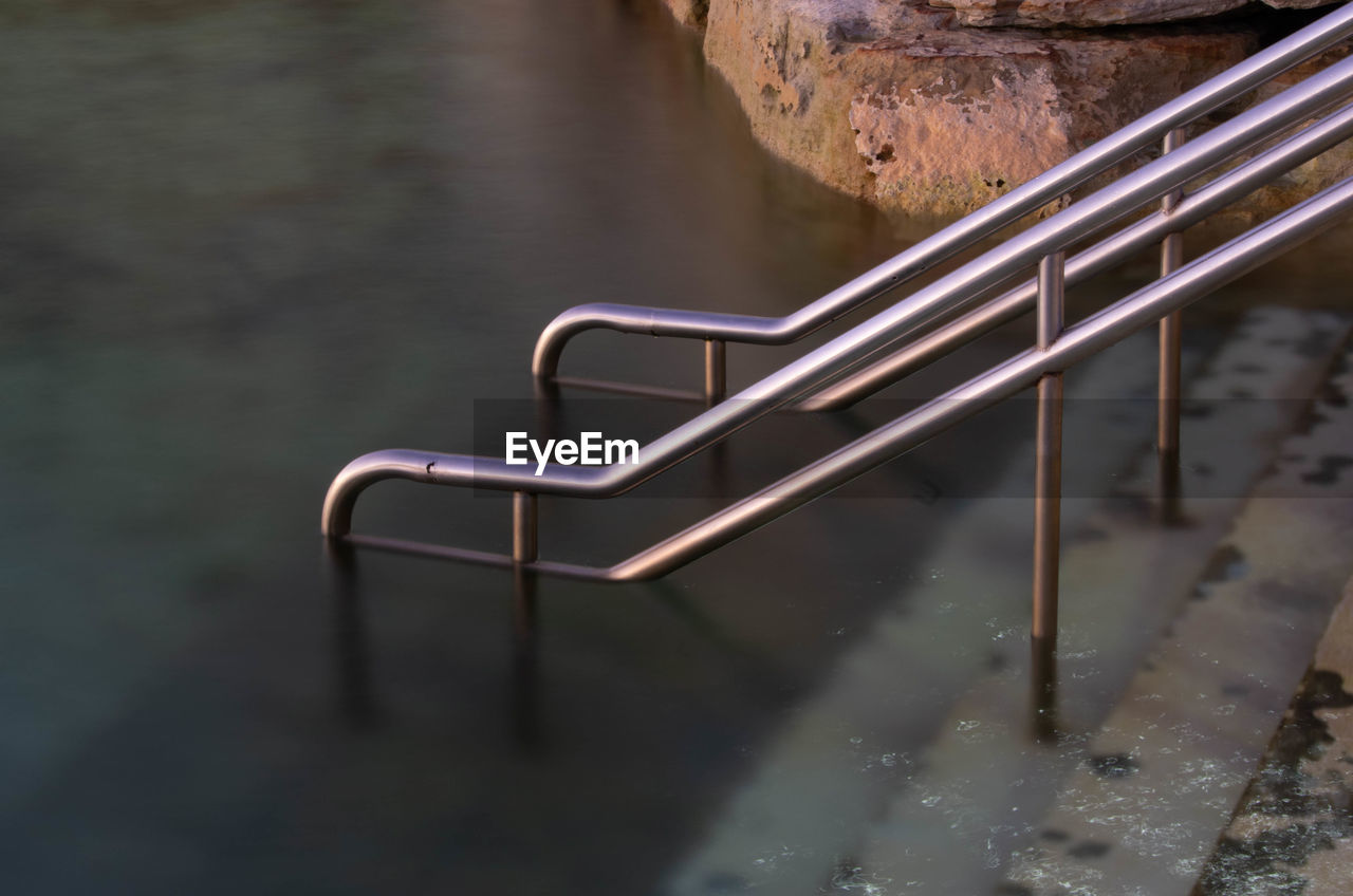 HIGH ANGLE VIEW OF EMPTY RAILING IN LAKE