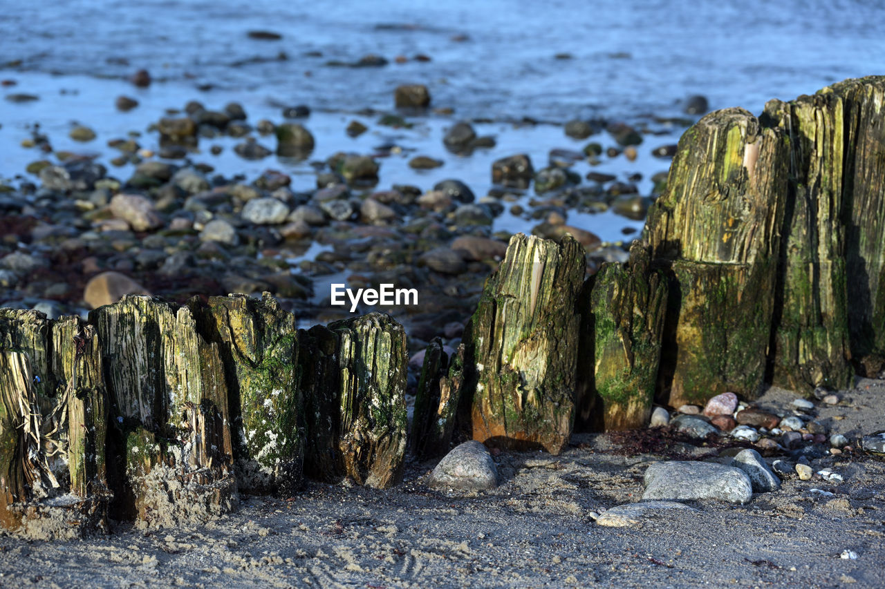 PANORAMIC SHOT OF WOODEN POST ON SEA