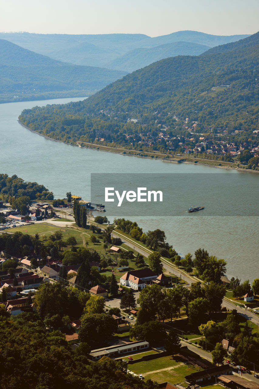 High angle view of townscape by river