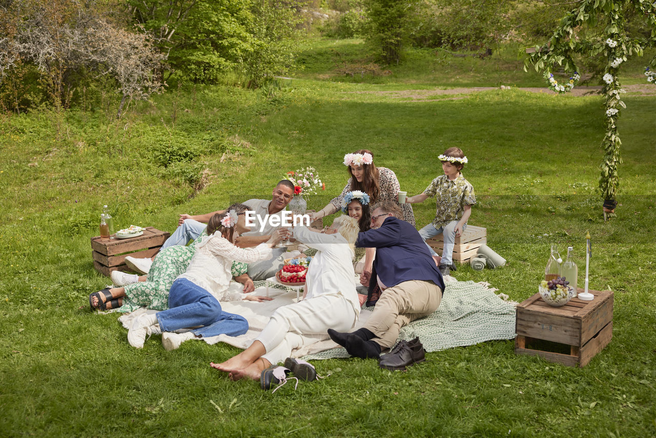 Family having picnic on grass