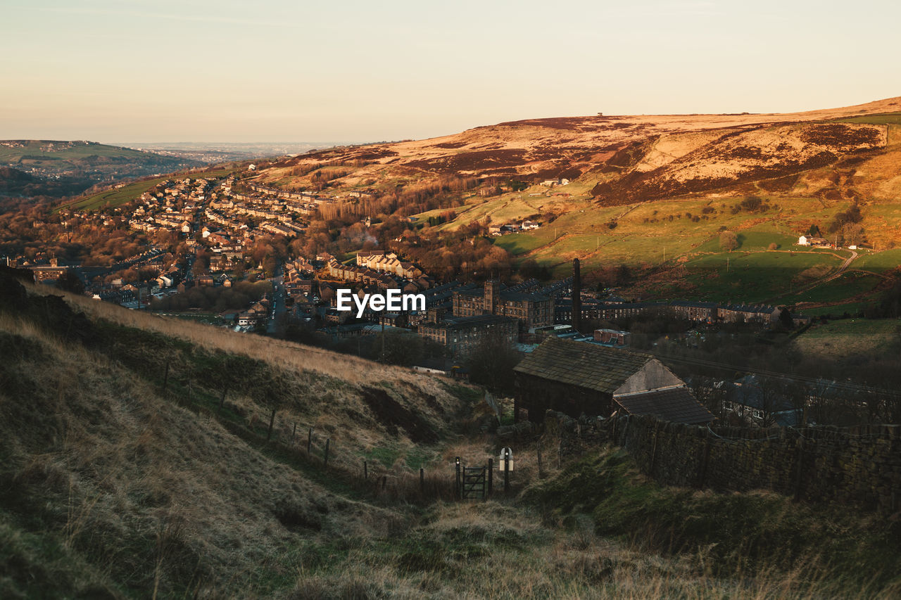 Scenic view of huddersfield  at sunset