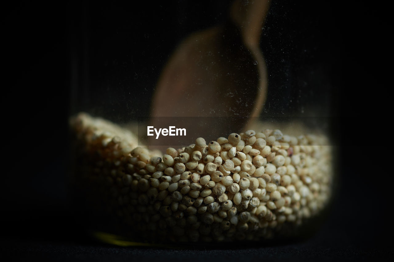 Close-up of soybean with spoon in jar