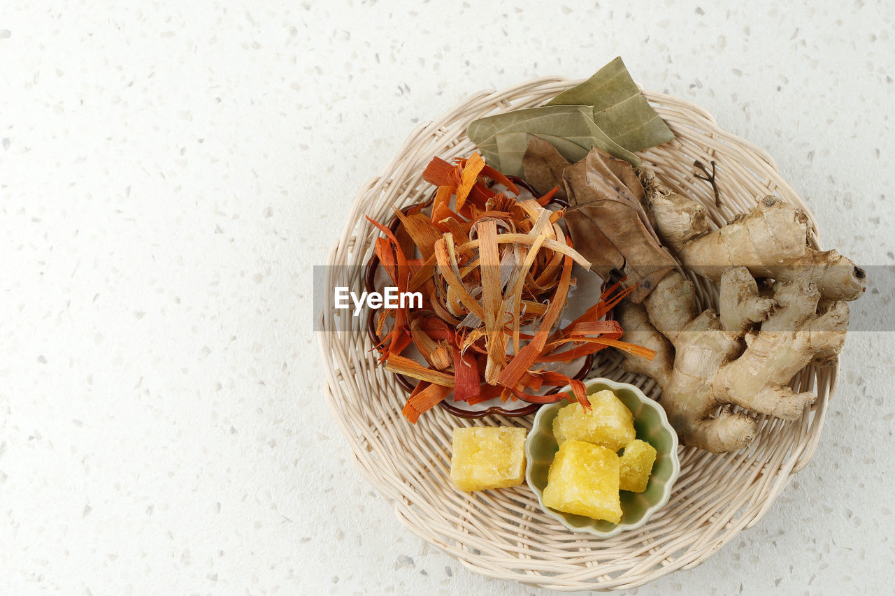 Top view wedang uwuh ingredients, traditional herbal drink from yogyakarta