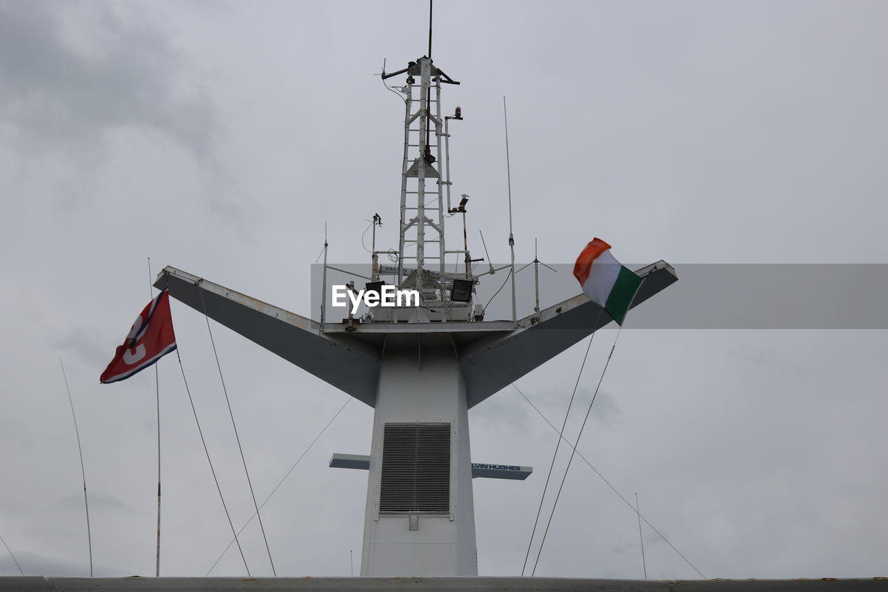 LOW ANGLE VIEW OF FLAGS ON BOAT AGAINST SKY