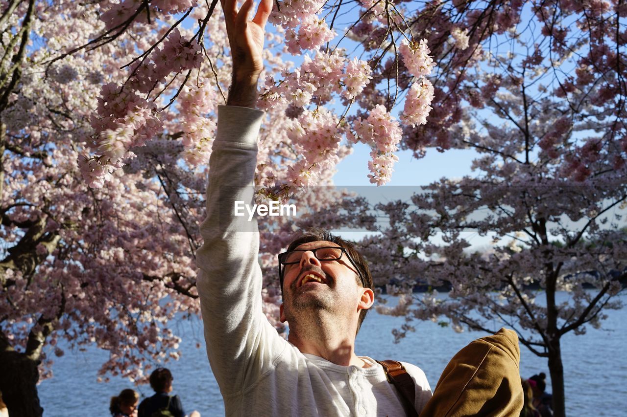 Low angle view of young cute man with glasses standing against sky and blooming cherry tree 