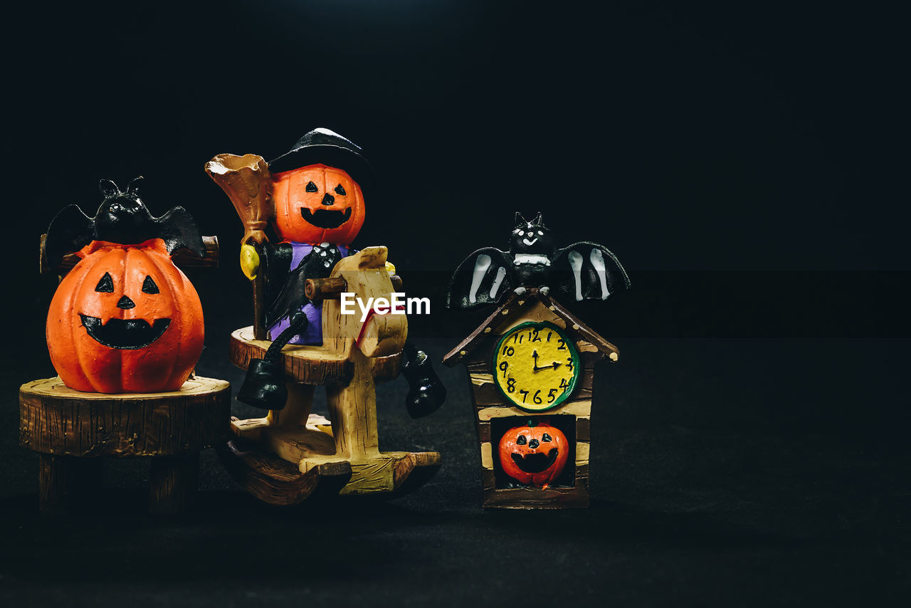 View of halloween decoration against black background