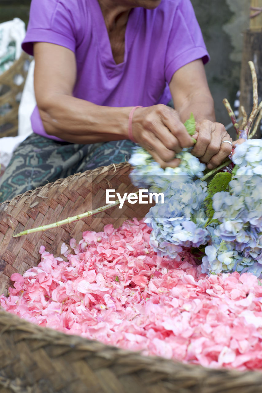 CLOSE-UP OF HAND HOLDING PINK FLOWERS IN MARKET