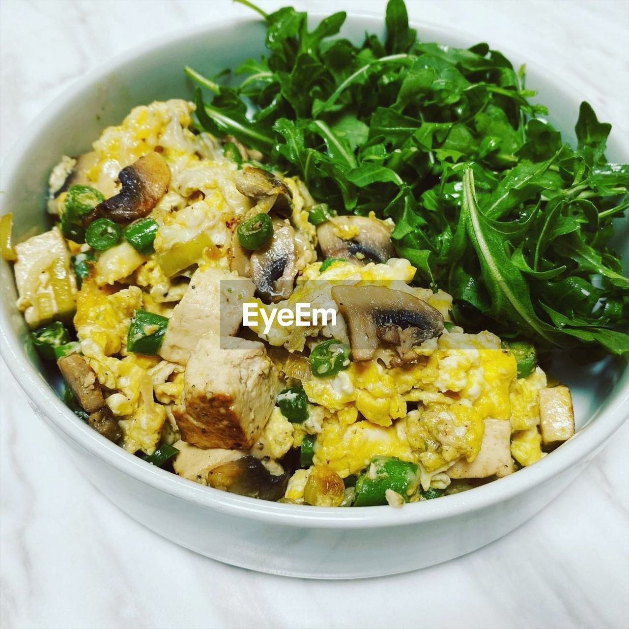 High angle view of food in bowl on table