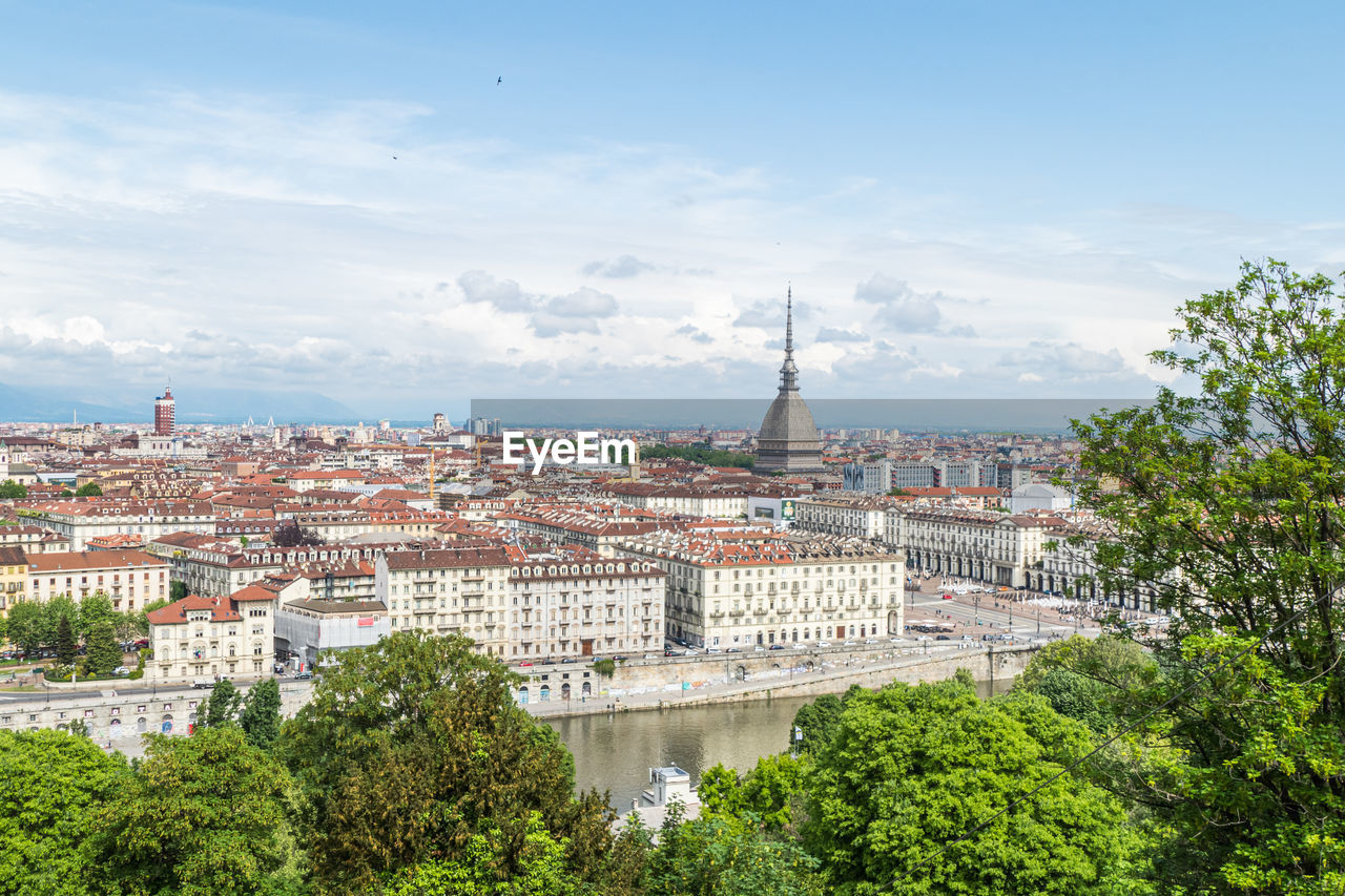 Aerial view of the skyline of turin with the mole antonelliana