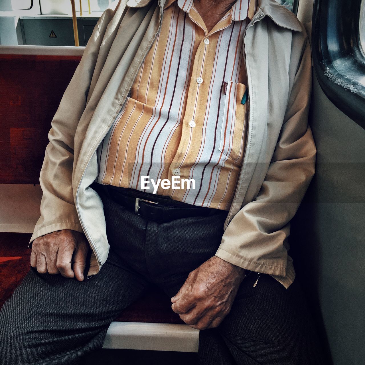 Midsection of man sitting in train