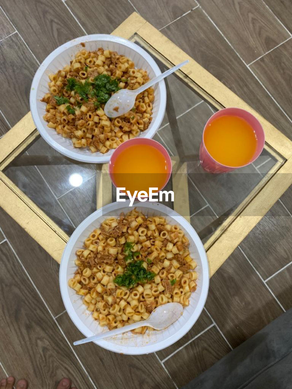 High angle view of breakfast served on table