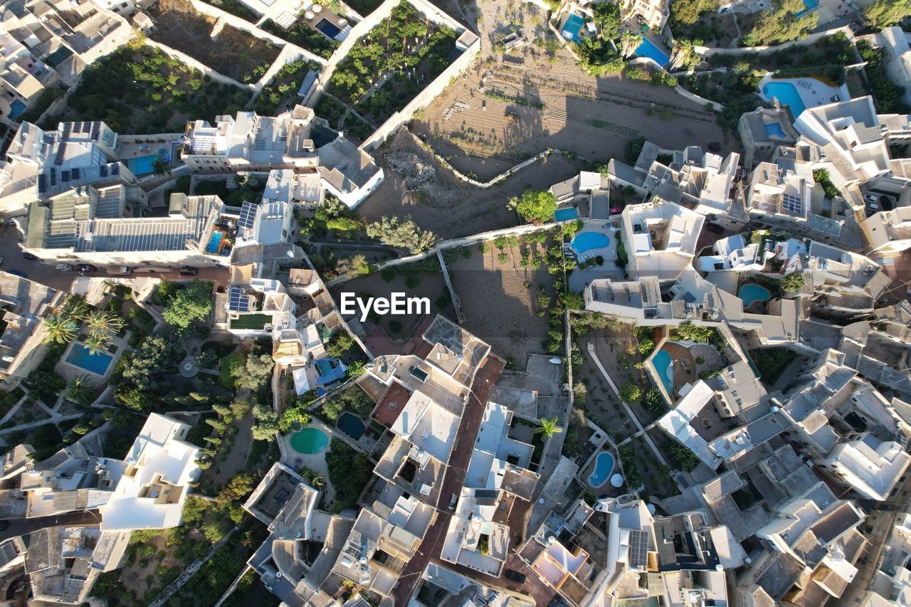 High angle view of buildings in city