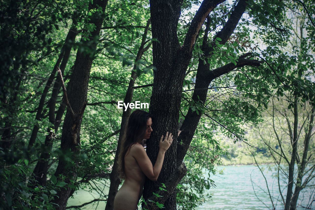 Side view of naked woman standing by tree trunk in forest