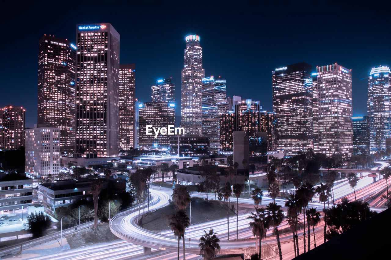 Light trails on street in illuminated city at night