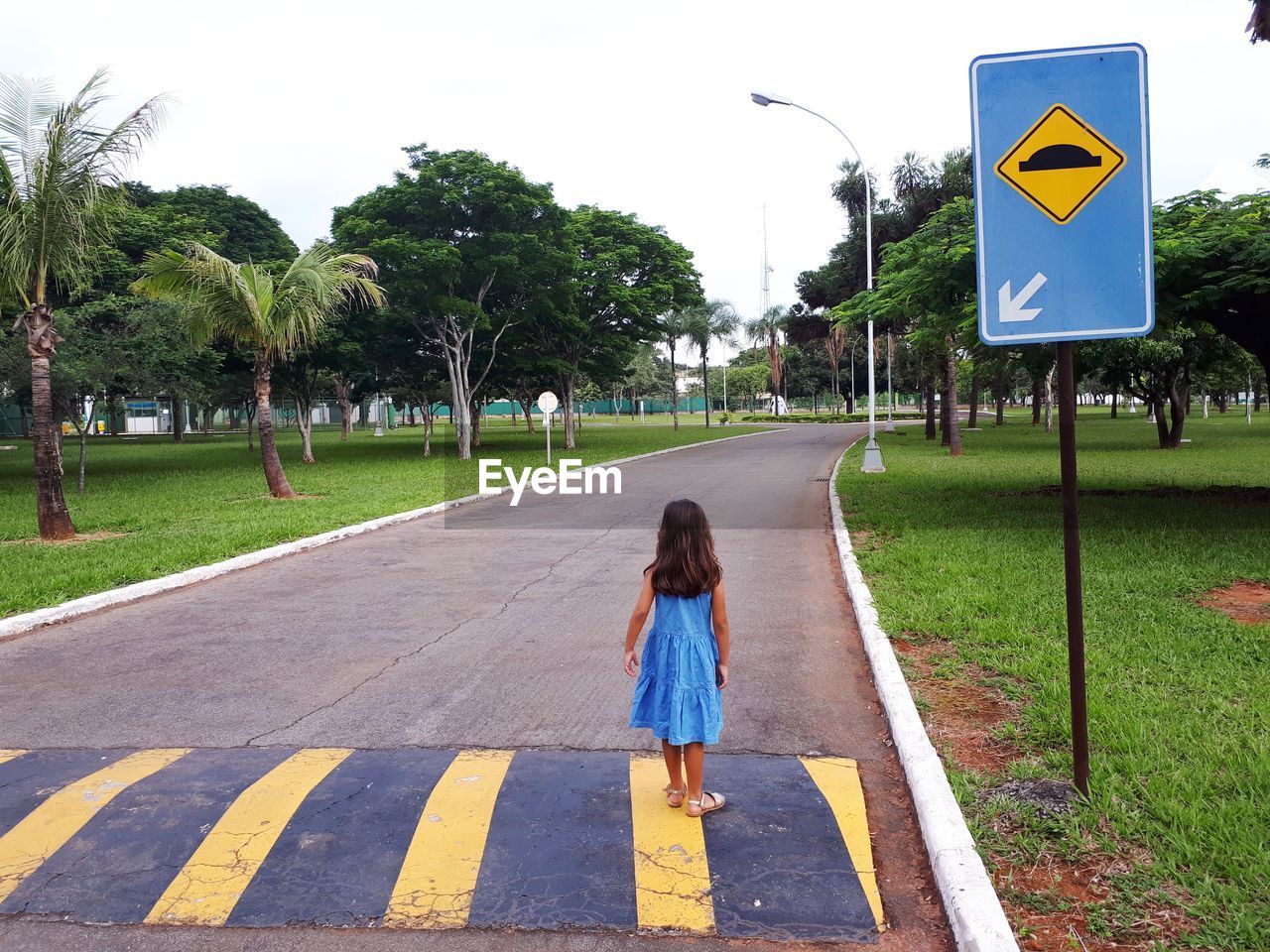 Rear view of girl walking on road