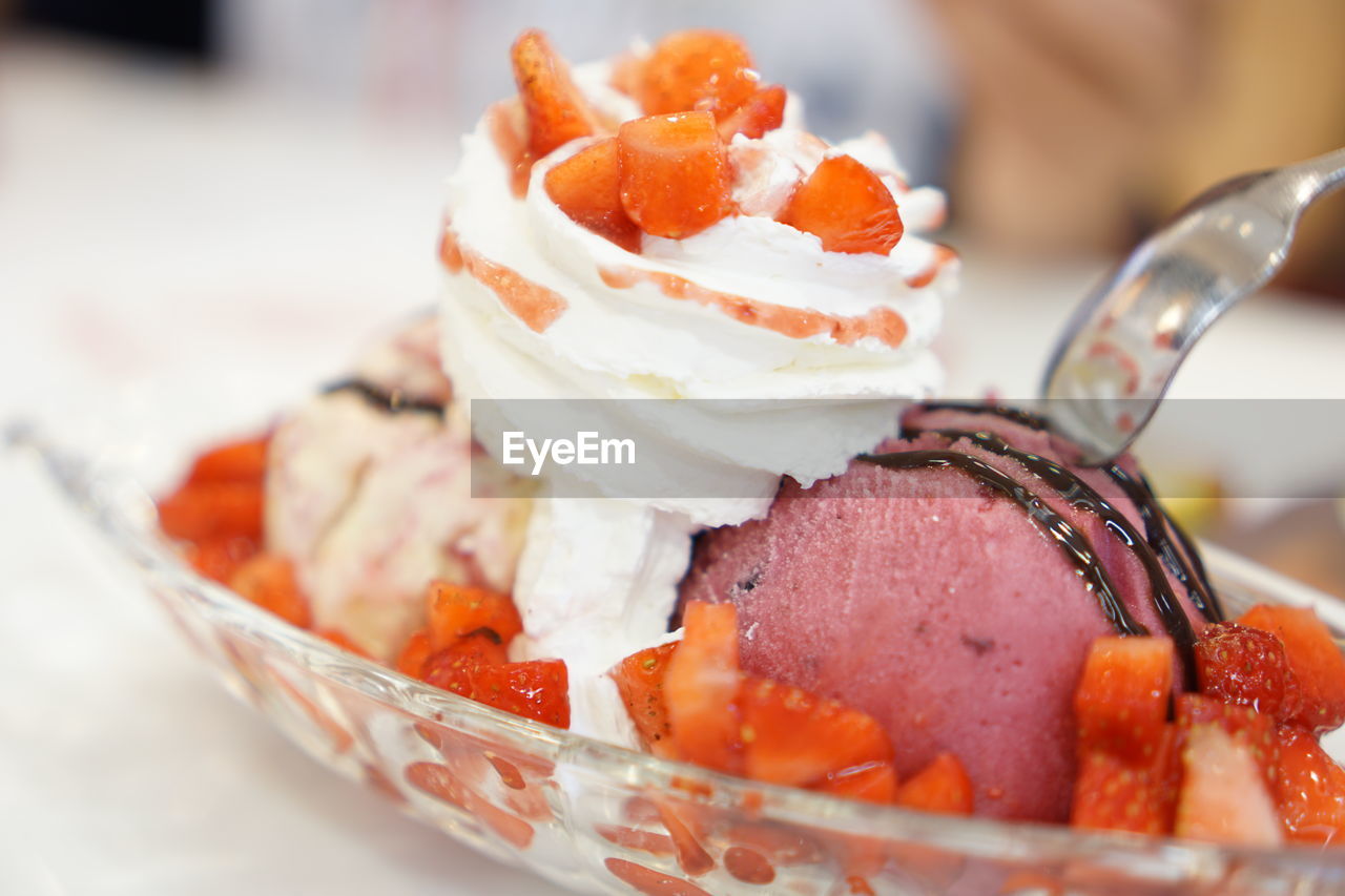 CLOSE-UP OF ICE CREAM IN PLATE WITH CHOCOLATE