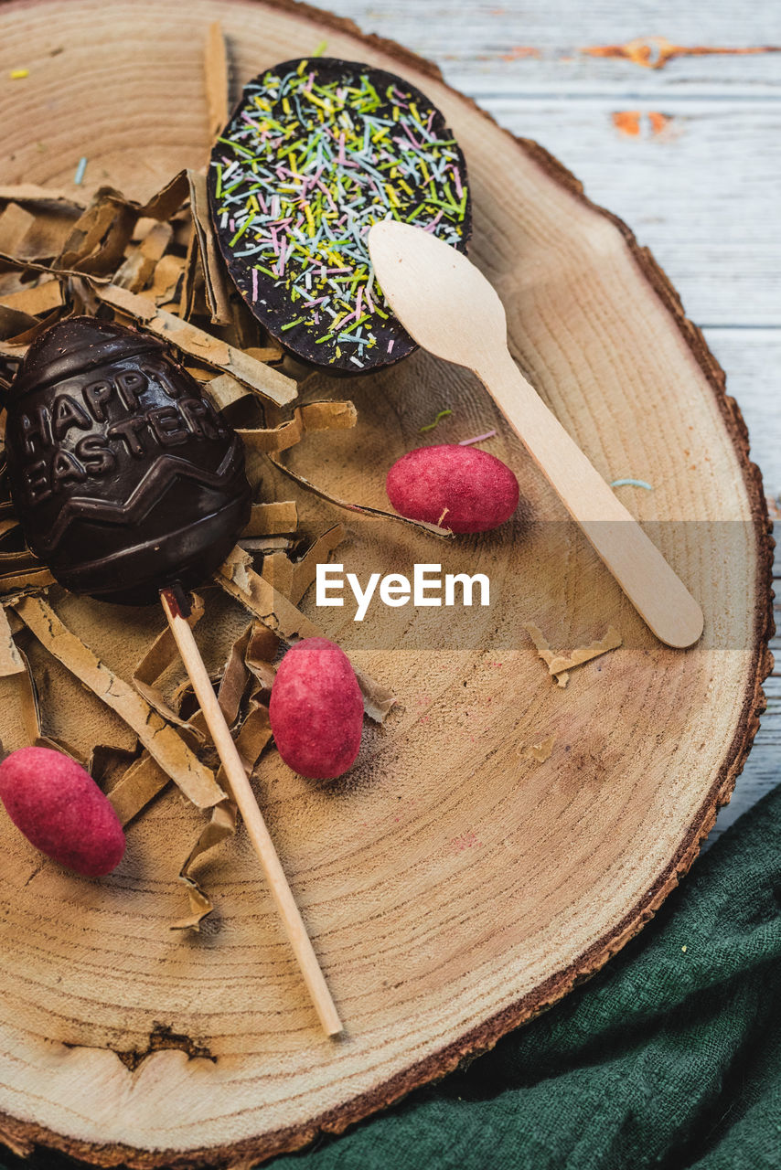 High angle view of easter chocolat on table