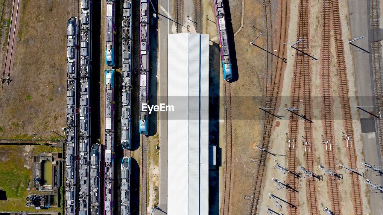 High angle view of trains on railroad tracks
