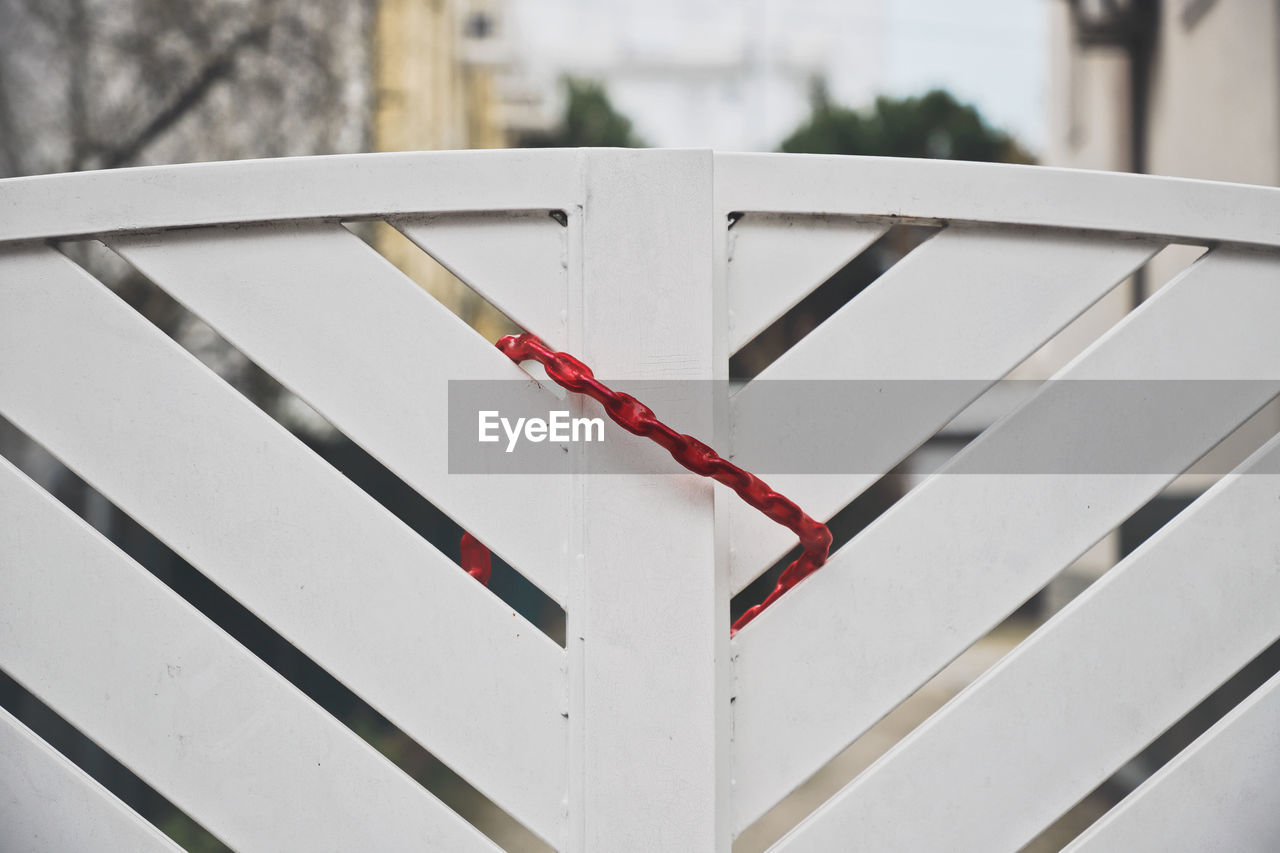 Entrance Entrance Gate Entry Entryway Stripes Architecture Barrier Built Structure Close-up Communication Day Door Focus On Foreground Forbidden Lock Metal No People Outdoors Pattern Protection Railing Red Red Lock Security Shape Sign Striped White Color 17.62°