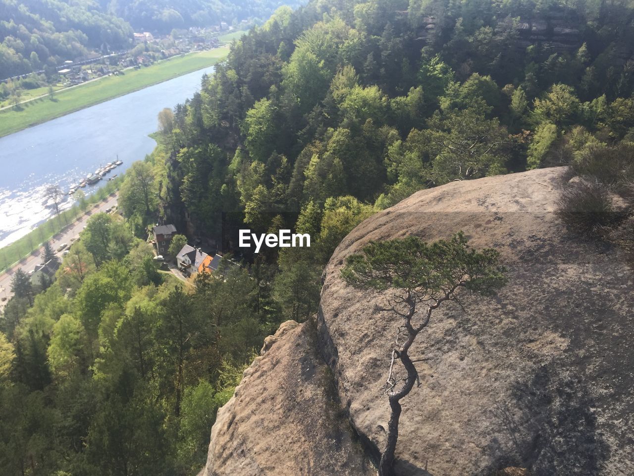 High angle view of mountains by river at saxon switzerland national park