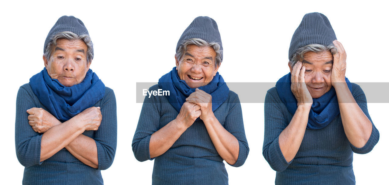 Multiple image of happy senior woman standing against white background