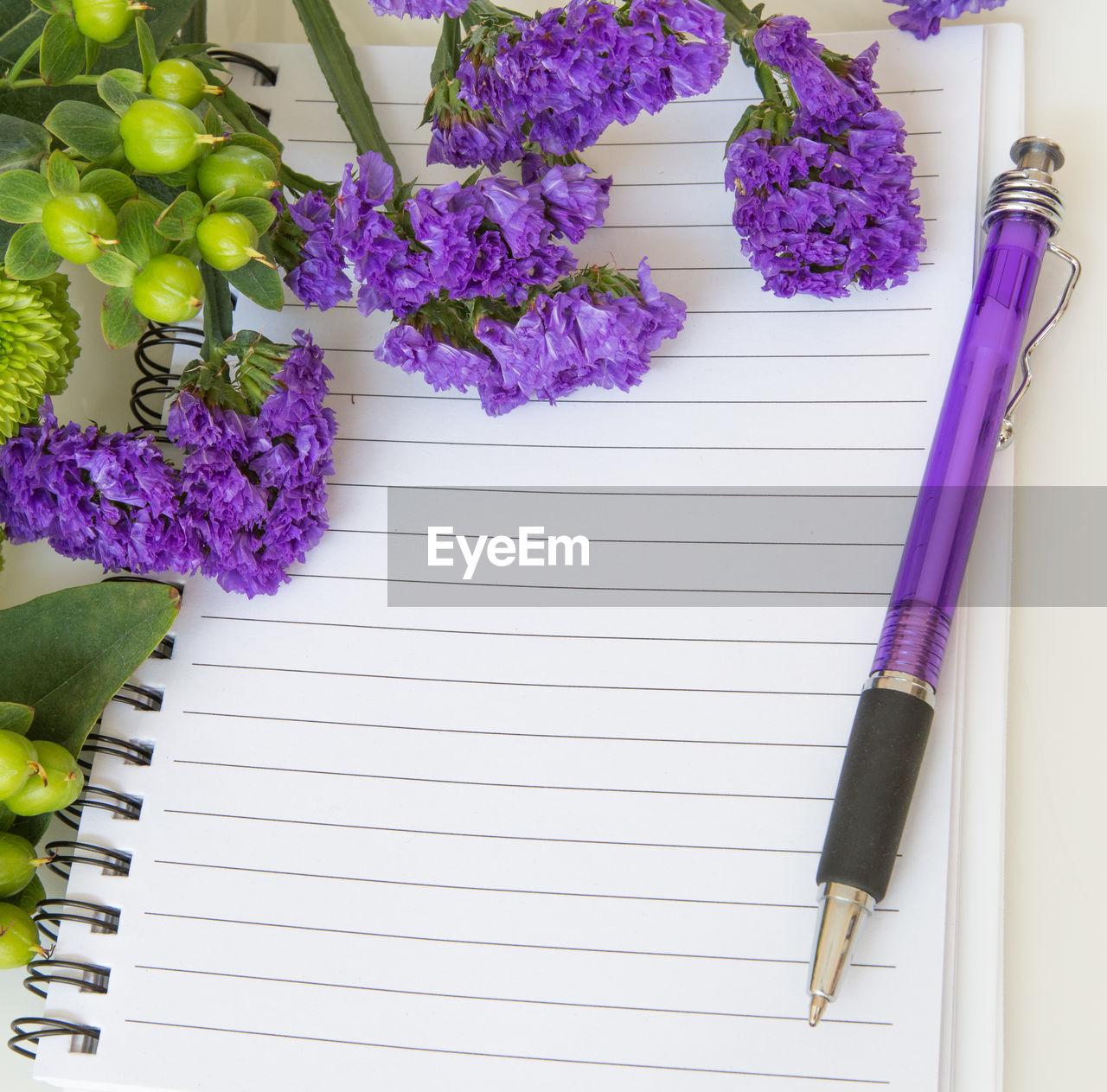 Blank notebook, pan with beautiful purple blue statice flower and green flower.