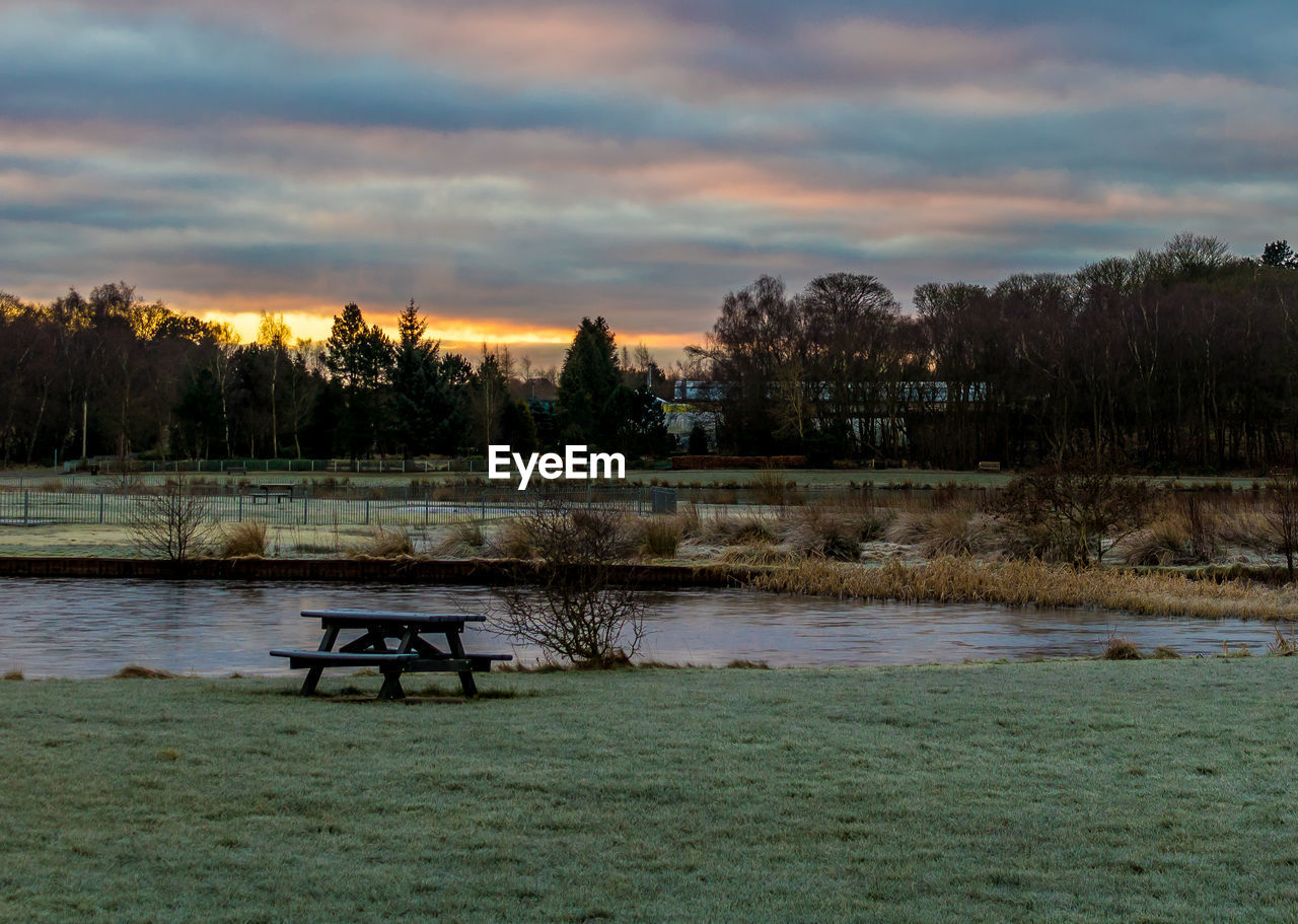 Scenic view of lake at sunset