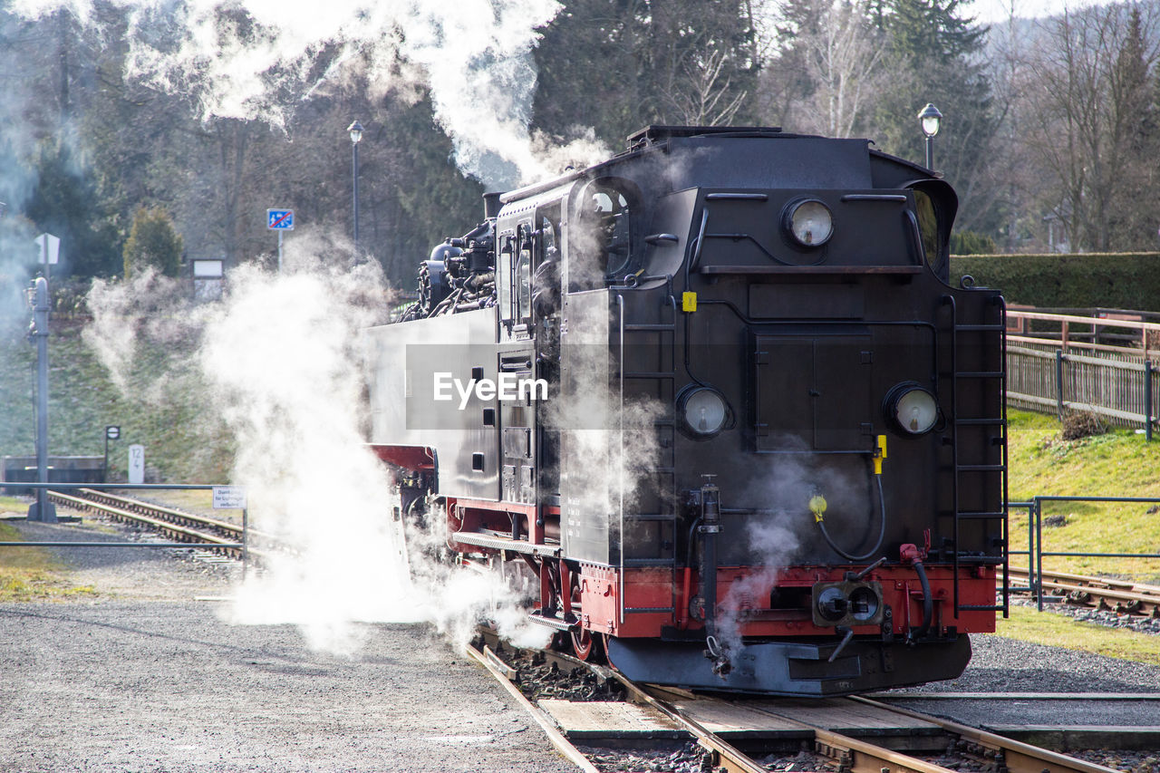 Train on railroad track amidst trees