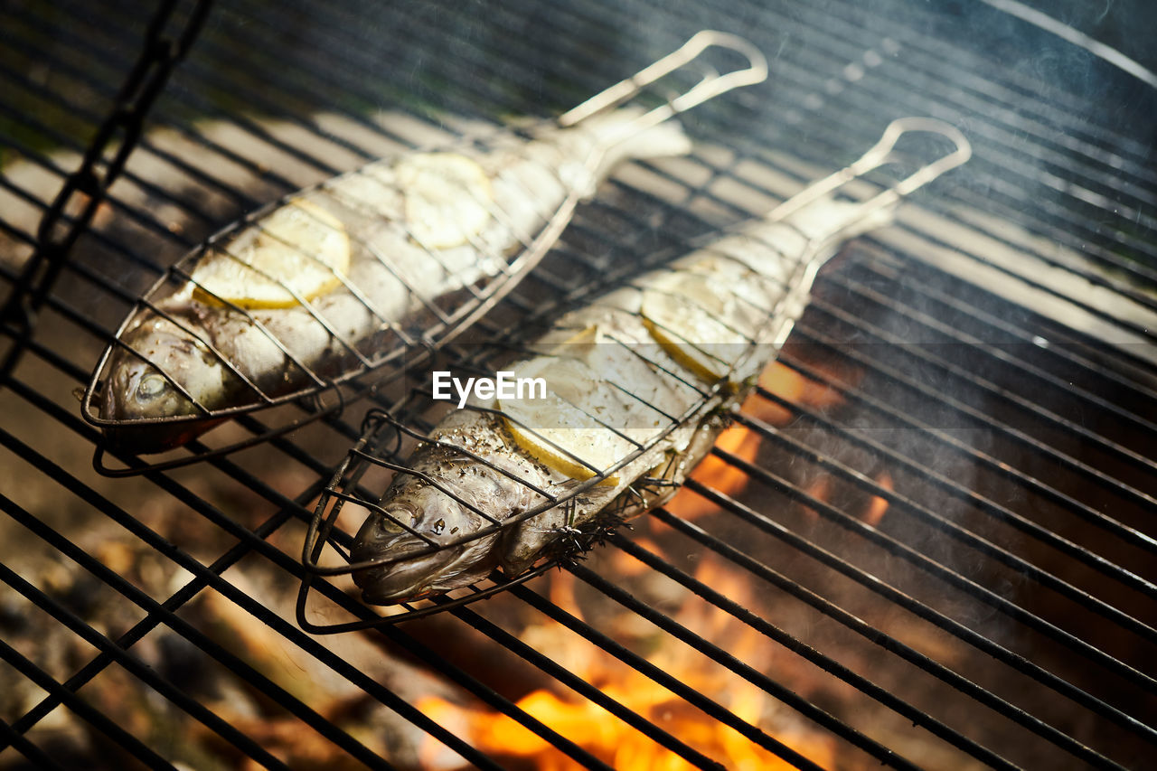 high angle view of food on barbecue grill
