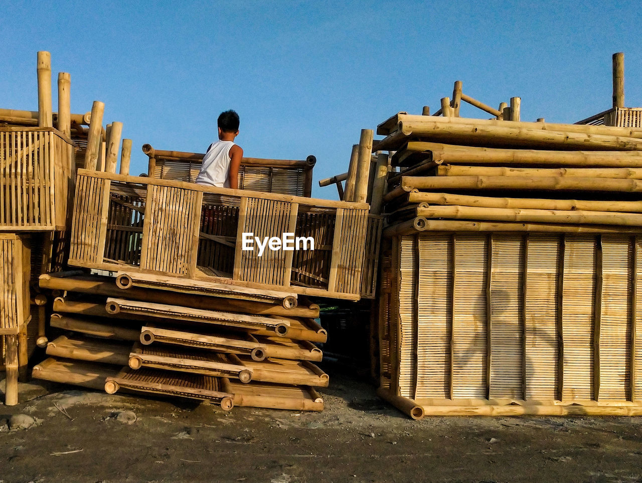 MAN WORKING ON LOG STACK AGAINST SKY