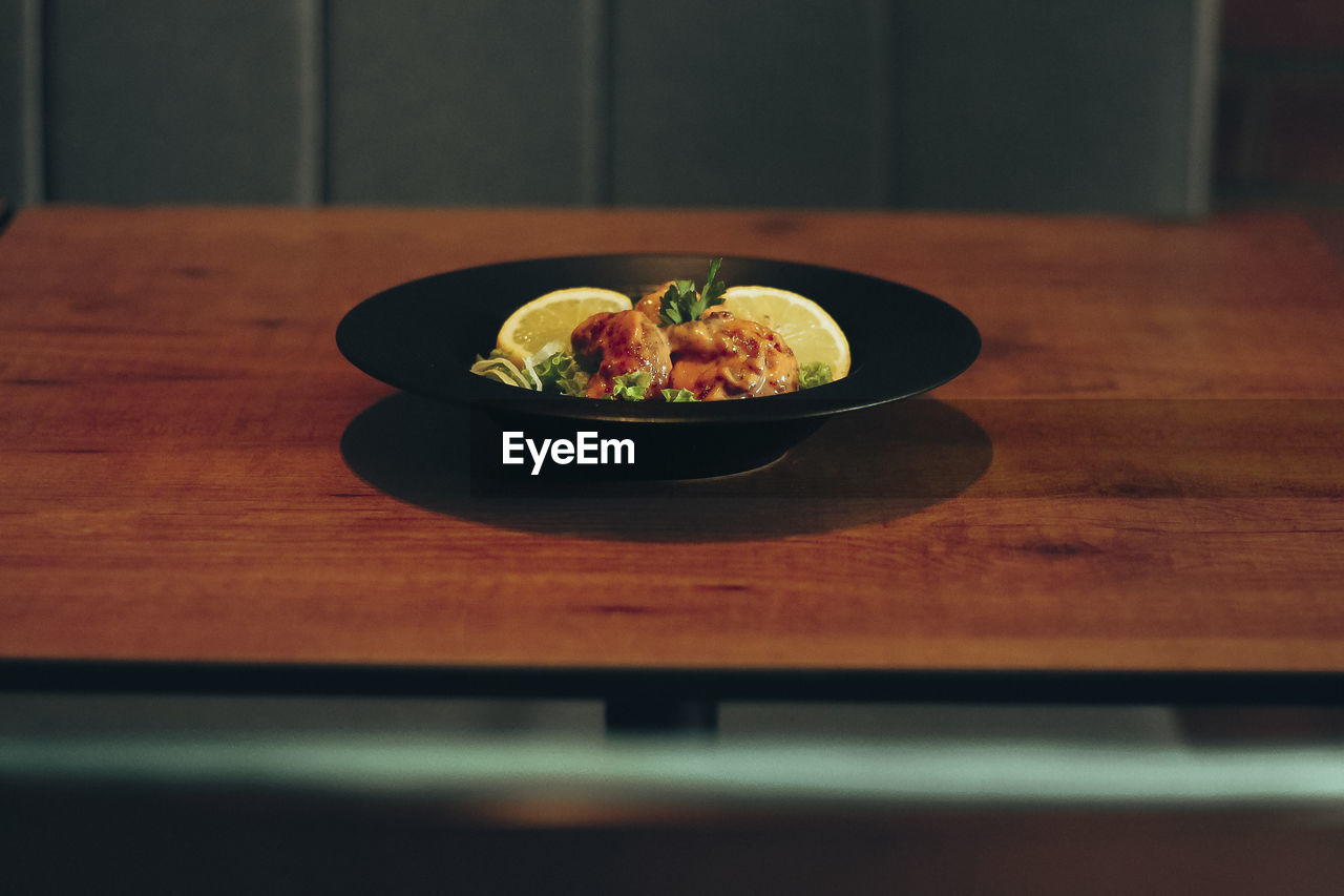 Close-up of meal served on table