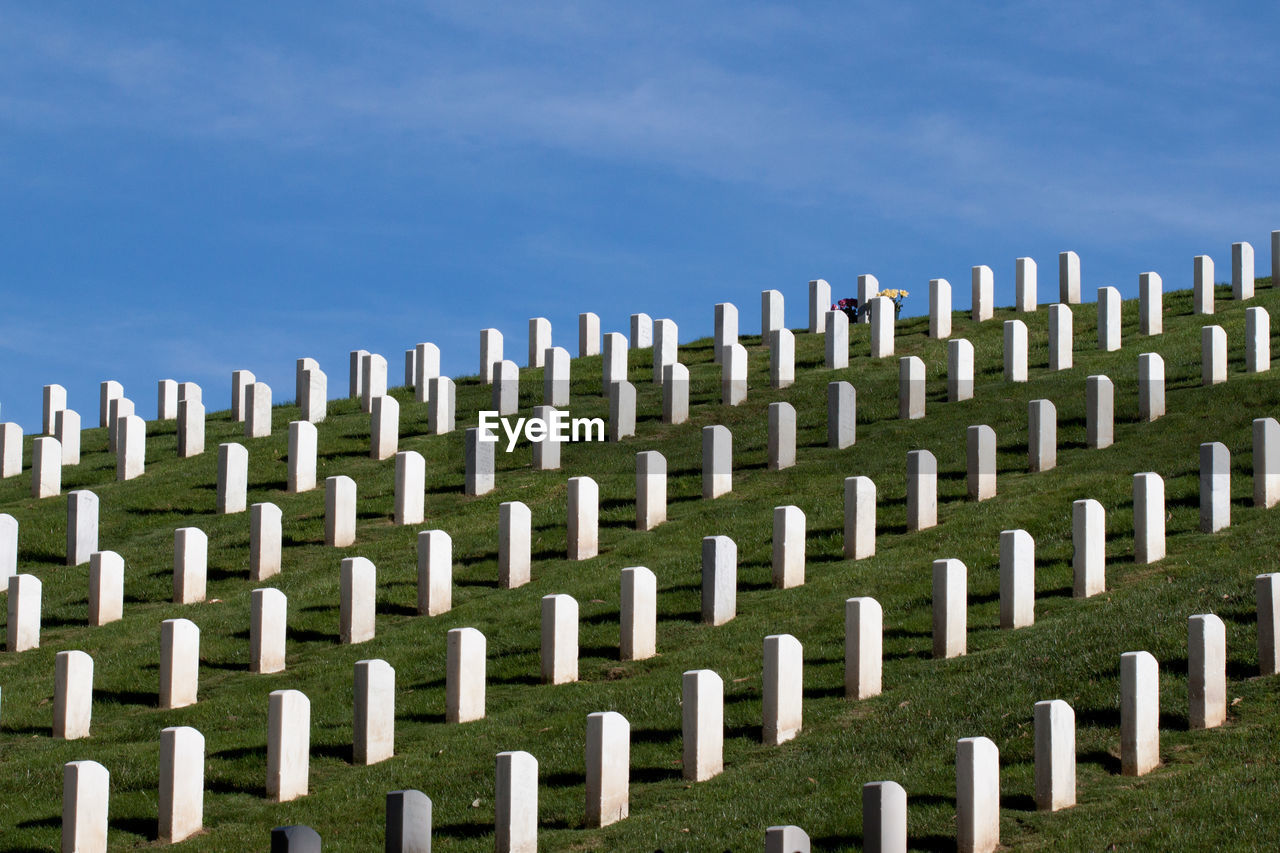 Tombstones against blue sky