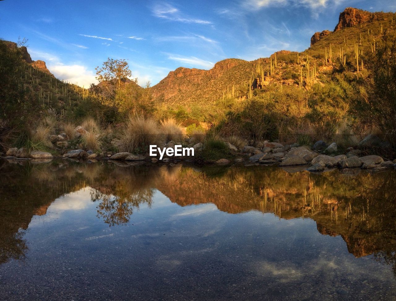 Reflection of mountains in lake against blue sky