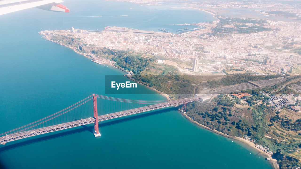 High angle view of suspension bridge over river