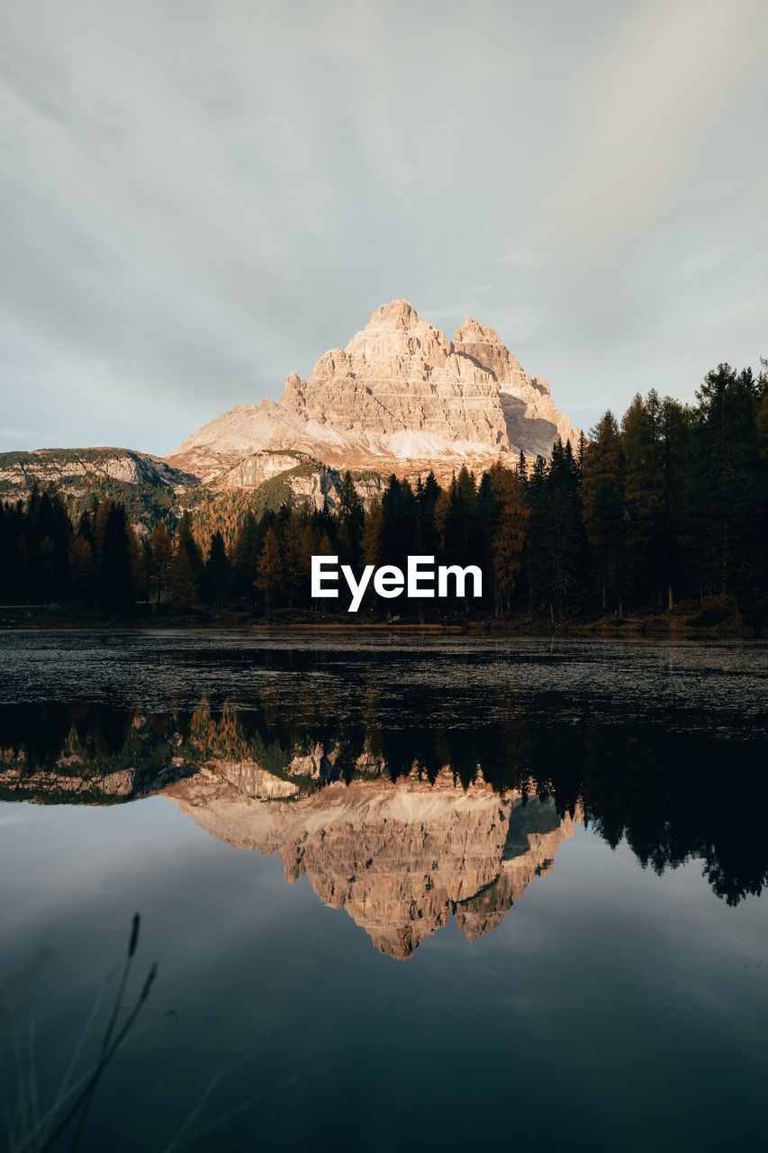 Scenic view of lake by mountains against sky