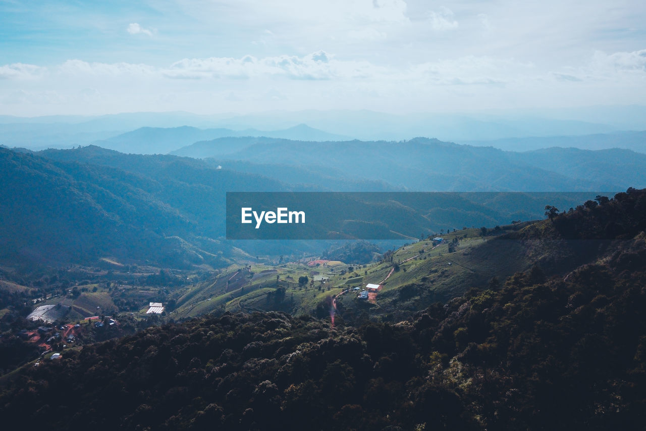 High angle view of mountain range against sky