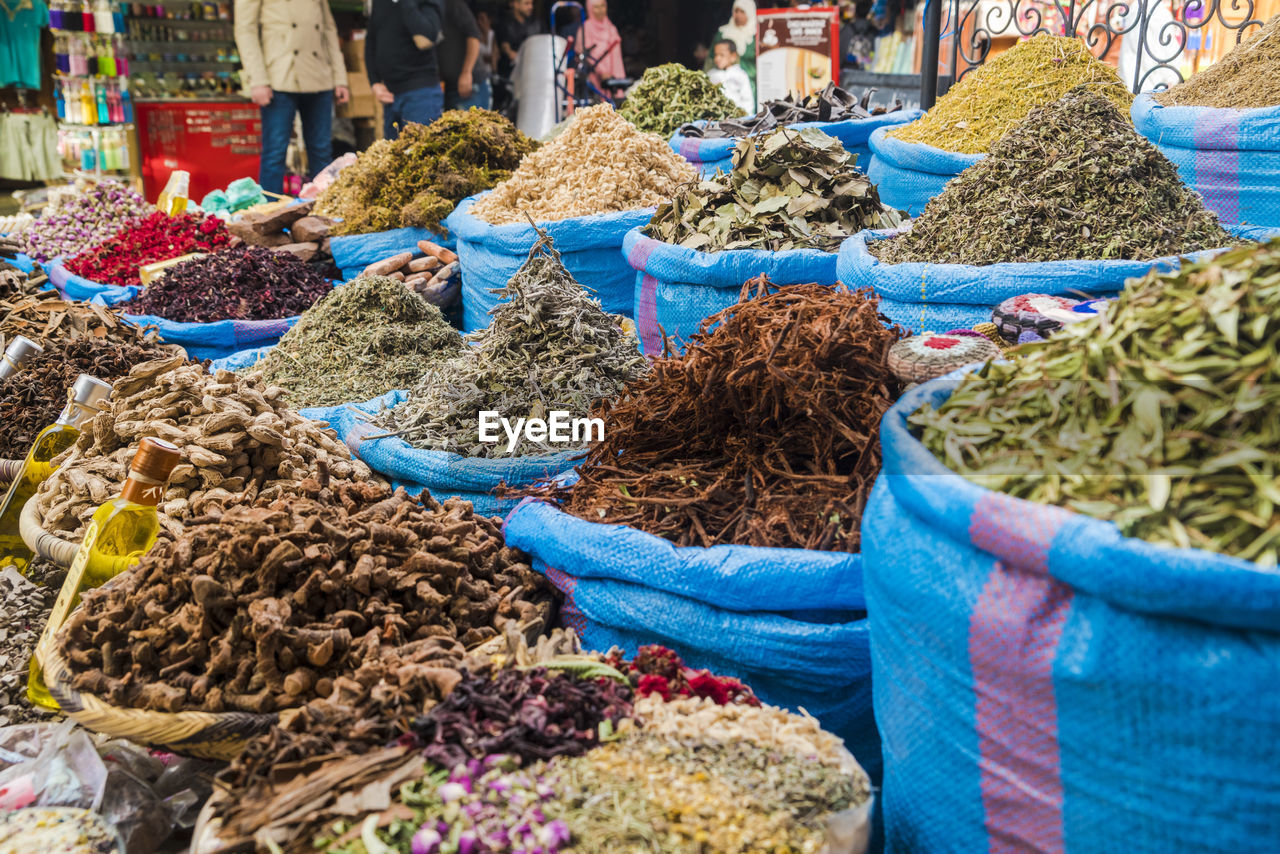 Spices closeup at spice shop in medina in marrakech