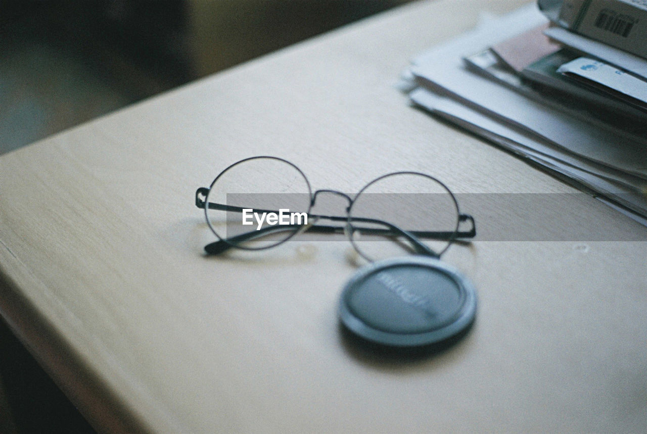 High angle view of eyeglasses on table