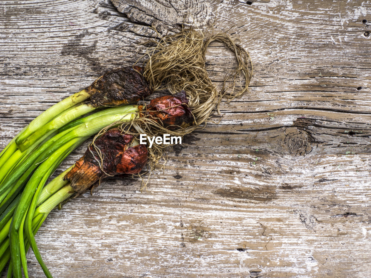 Directly above shot of scallions on wooden table