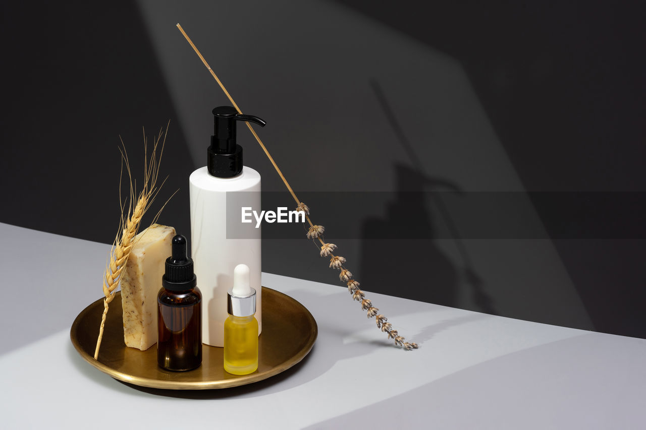 Set of essential oils,natural soap.still life with organic cosmetics,isometric projection,copy space
