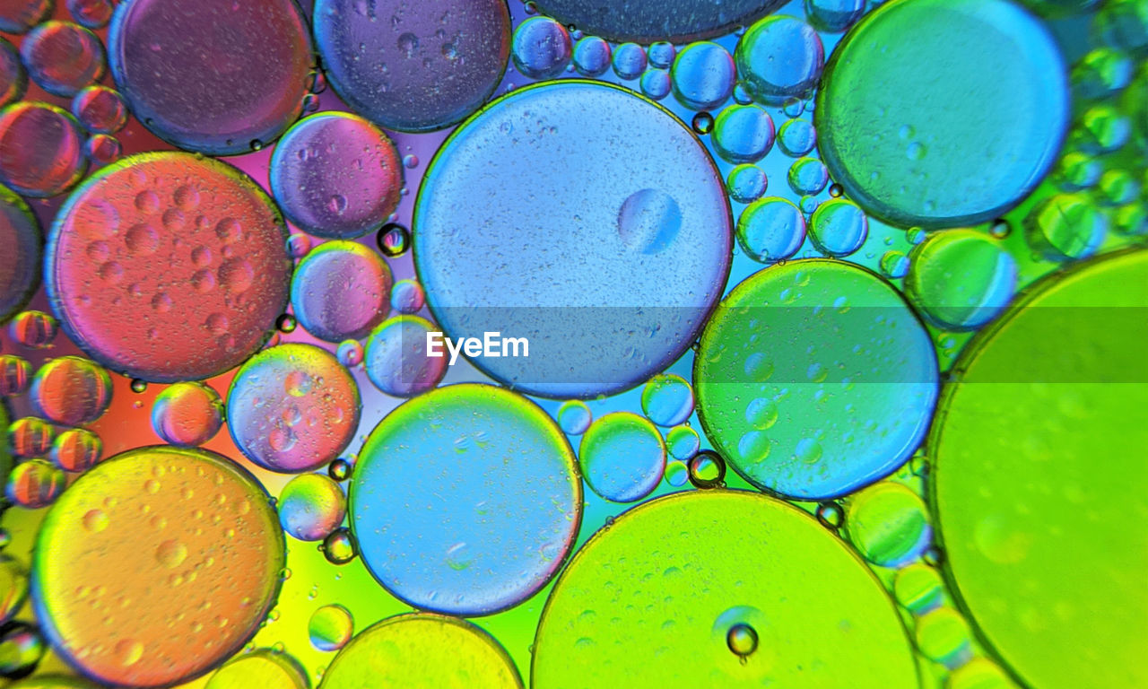 Colorful bubbles abstract background, oil bubbles in transparent liquid backdrop