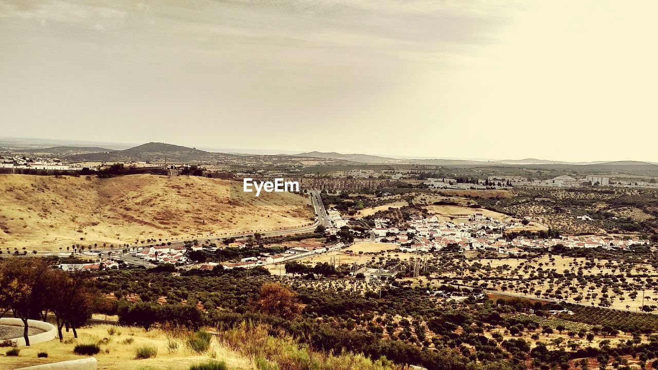 High angle view of town against sky