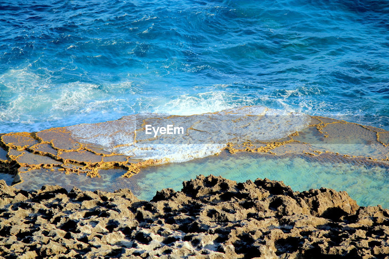 HIGH ANGLE VIEW OF ROCKS ON SHORE