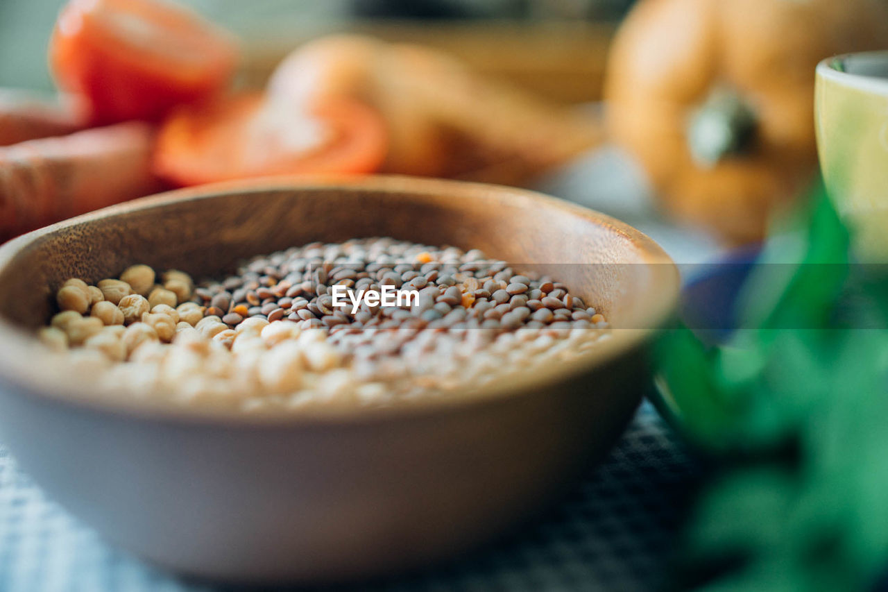 High angle view of cereals in bowl on table