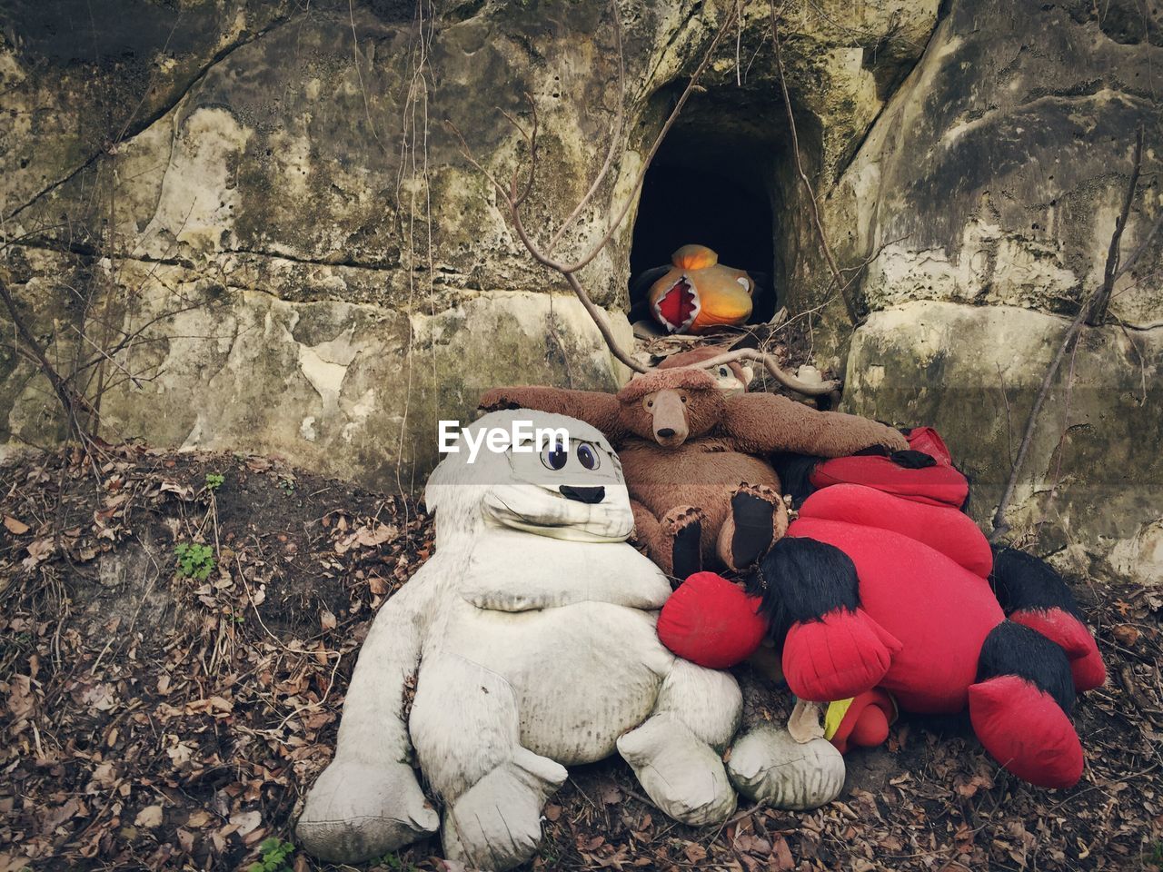 Close-up of stuffed toys against the wall